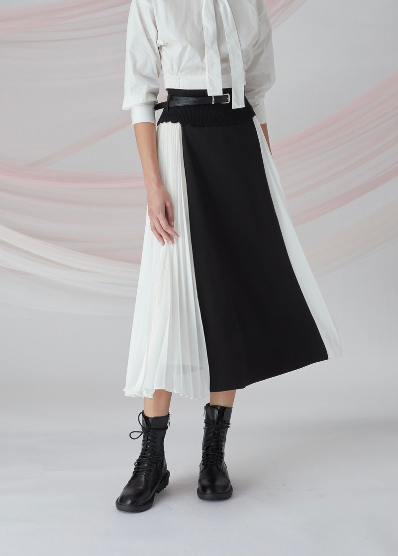 黑白色折褶长裙 - 裙子 - 棉．麻 黑色