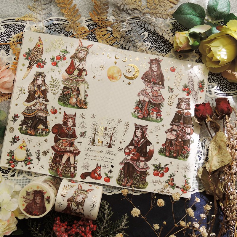 金夜月森林特油纸胶带(局部立体烫金+离型纸) - 纸胶带 - 纸 红色