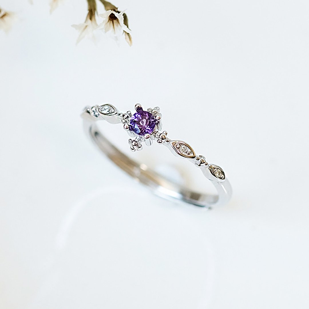 紫水晶 Amethyst 925纯银 戒指 爪镶气质复古细戒 2月诞生石 - 戒指 - 纯银 银色