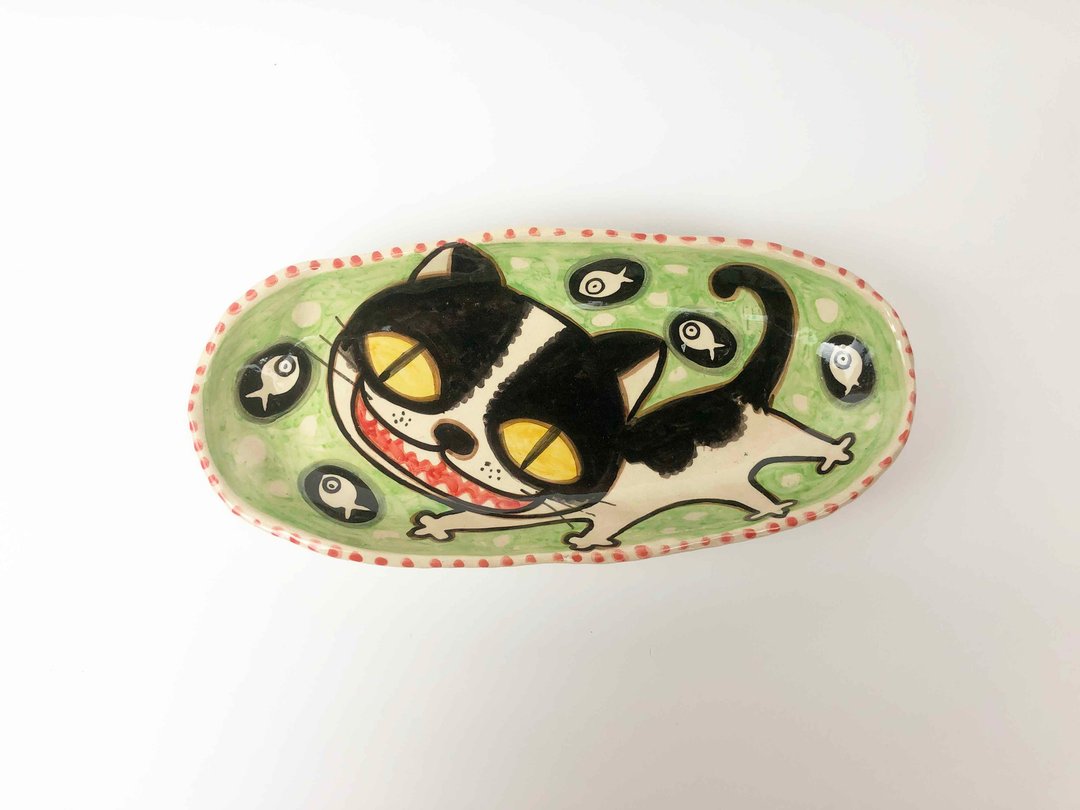 Nice Little Clay 手工六脚盘 快乐花猫 0305-20 - 浅碟/小碟子 - 陶 绿色