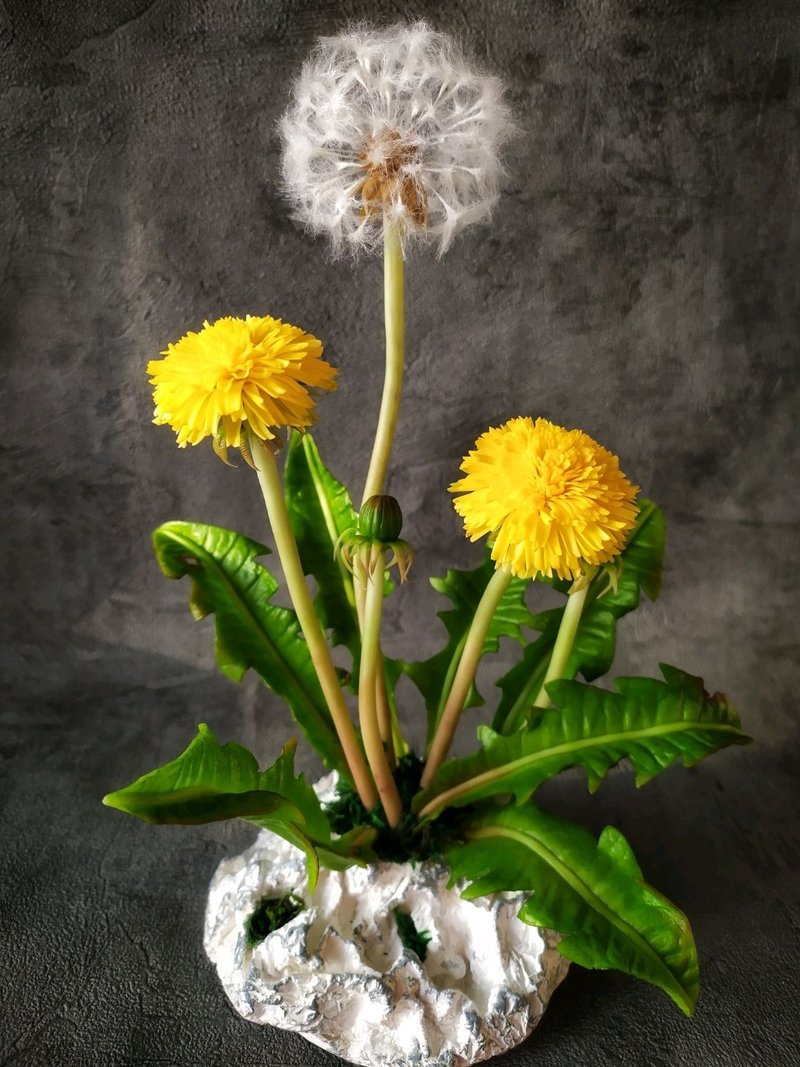 蒲公英花 冷瓷/黏土。陶瓷花束。植物雕塑 - 花瓶/陶器 - 塑料 黄色