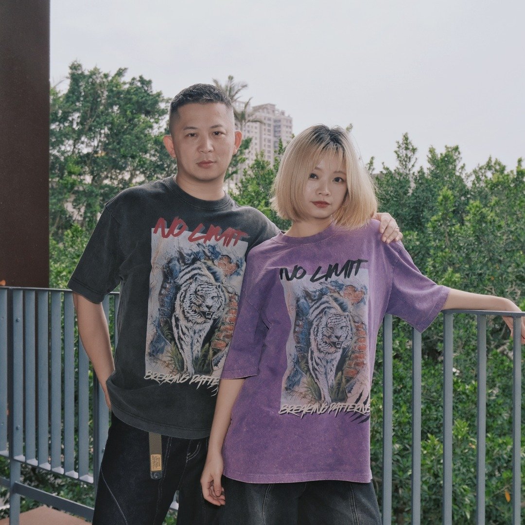 【原创】男女可穿 | 白虎肌理画美式复古水洗仿旧 T - 女装 T 恤 - 棉 紫色