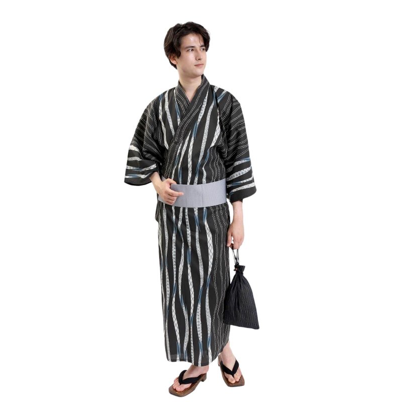 日本 和服 男士 绵 浴衣 腰封 2 件 套组  S M L Z32-11B - 其他 - 棉 黑色