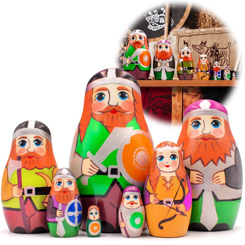 Vikings Russian Nesting Dolls Set 7 pcs - Room Decor for Boys - Viking Gifts - 玩具/玩偶 - 木头 多色