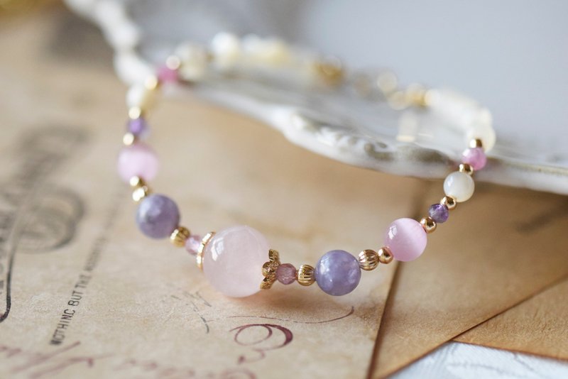 公主。粉晶 紫云母 粉猫眼石 澳贝珠 粉碧玺 14K 天然石水晶 手链 - 手链/手环 - 水晶 粉红色