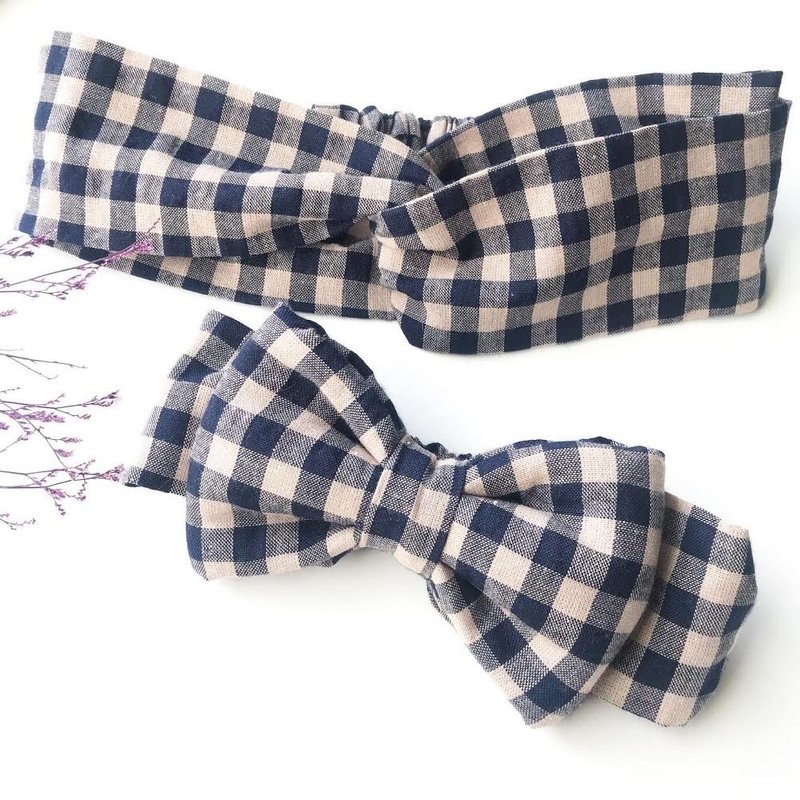 亲子发带－日系深蓝格纹 - 亲子装 - 棉．麻 蓝色