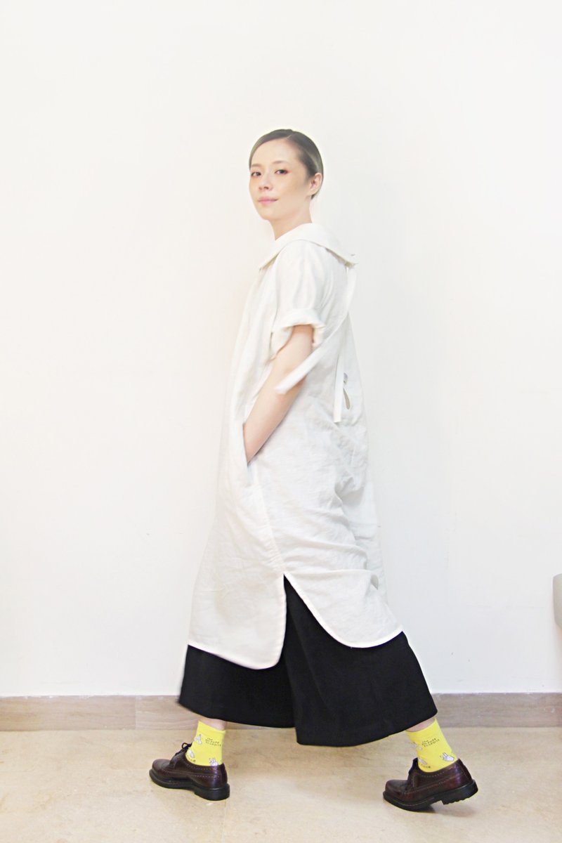 圆领片后开襟绑带A-line棉麻洋装 (米白) - 女装上衣 - 棉．麻 白色