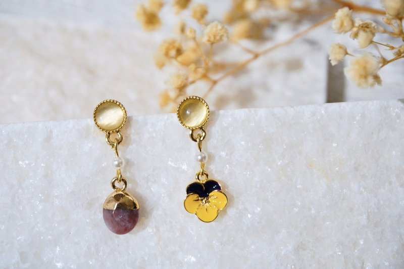 【思慕】猫眼石 草莓晶/耳环/耳夹/银针/三色堇/日本限量款 - 耳环/耳夹 - 纯银 紫色