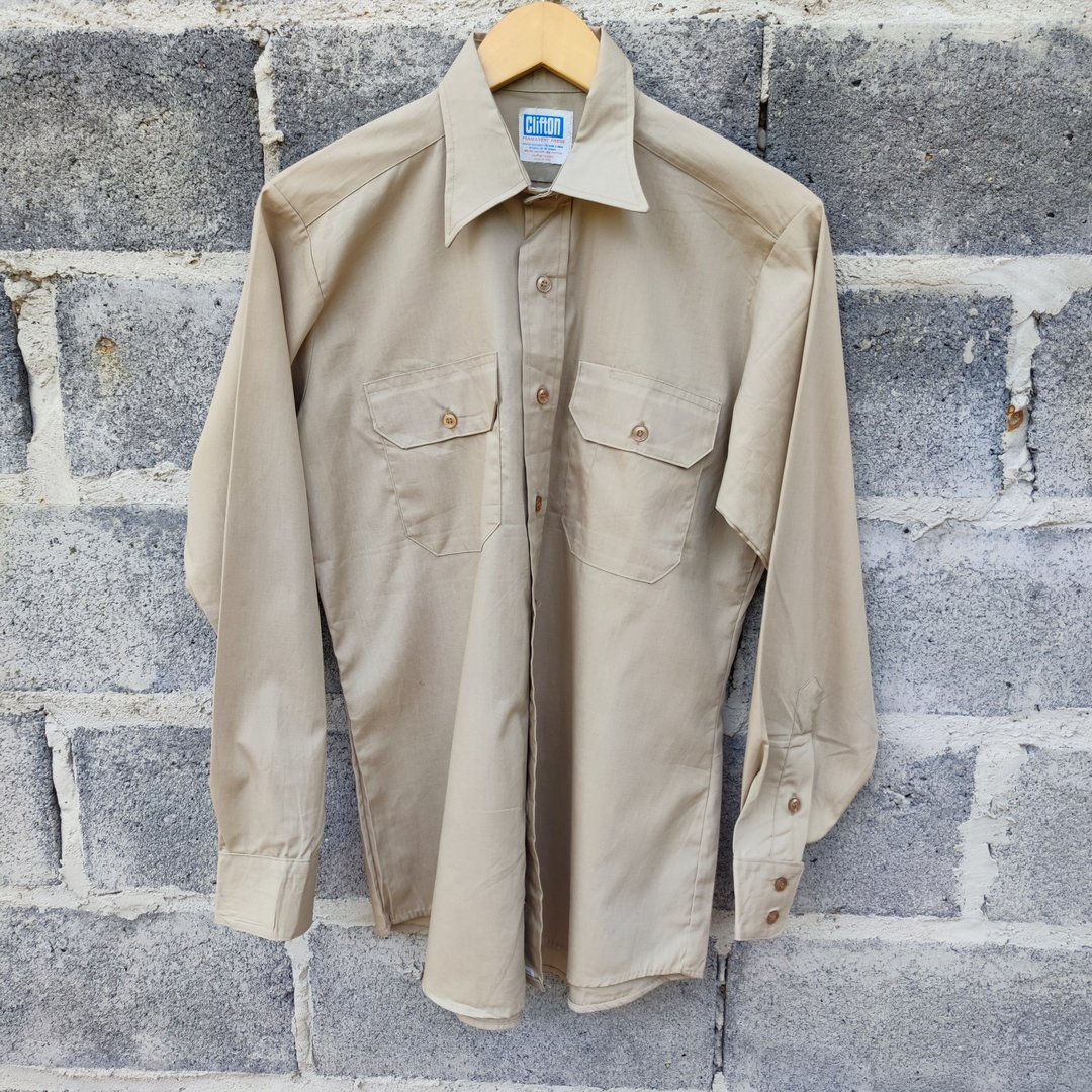 Vintage 70s Clifton Permanent Press Union Made Work Shirt - 男装衬衫 - 棉．麻 卡其色