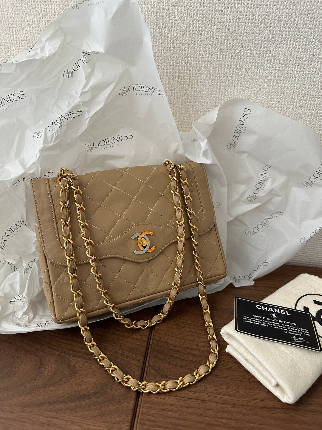 中古包 CHANEL CF Double Flap 巴黎限定奶茶色小方胖 - 手提包/手提袋 - 真皮 卡其色