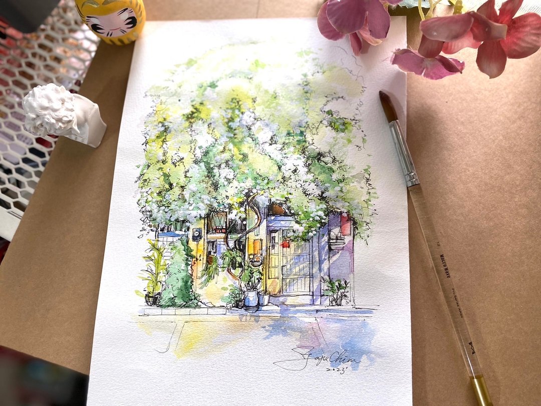【一人成团】雪白九重葛花下的店铺。Joyce 的纸上旅行 - 插画/绘画/写字 - 纸 