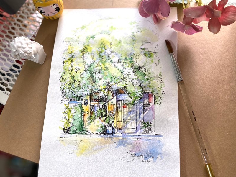 【一人成团】雪白九重葛花下的店铺。Joyce 的纸上旅行 - 插画/绘画/写字 - 纸 