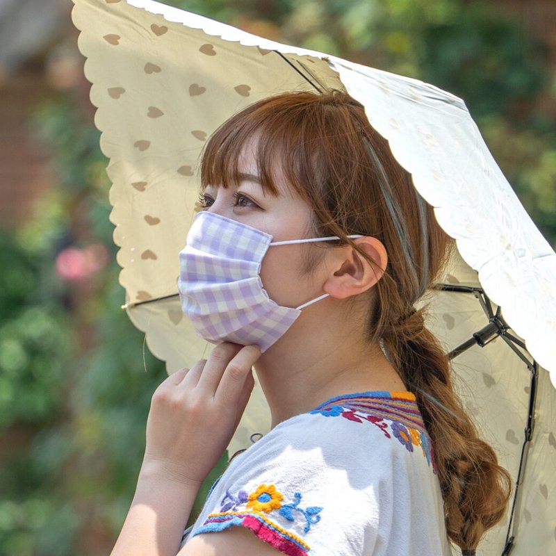 可清洗、对肌肤温和的立体纱布口罩 - 粉彩色格子 - 口罩 - 棉．麻 紫色