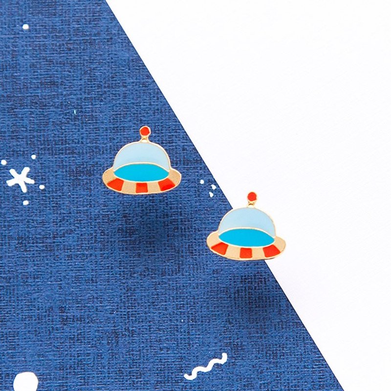 漂浮飞碟 款 耳夹 生日礼物 - 耳环/耳夹 - 珐琅 蓝色