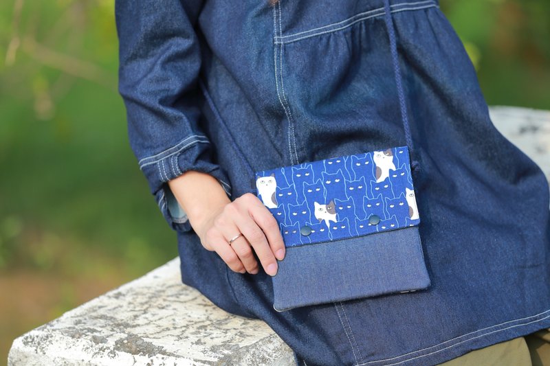 双排扣双层小方包 侧背包 斜背包/蓝猫 - 侧背包/斜挎包 - 棉．麻 