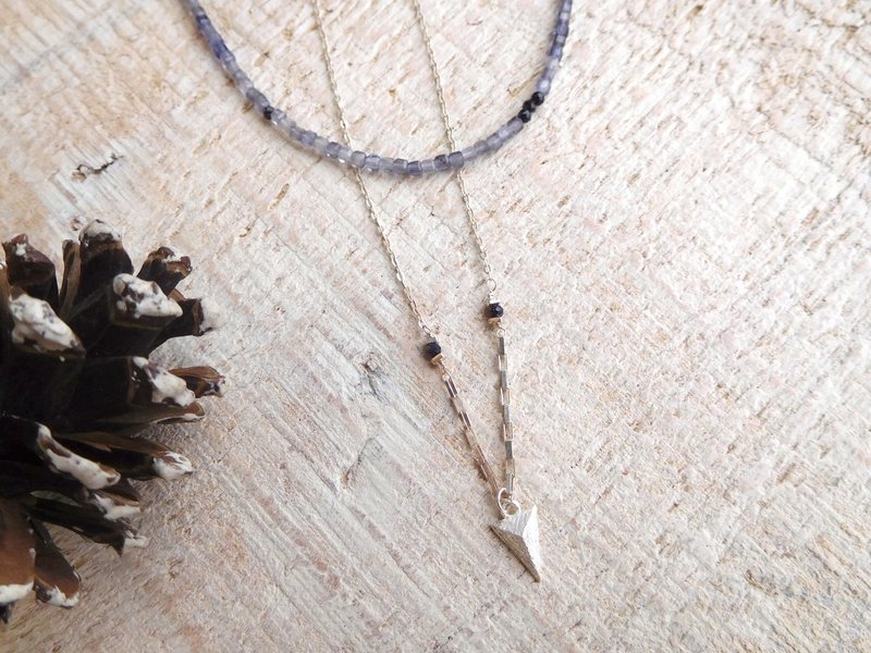 纯银925 mini方糖堇青石几何三角坠饰双层链 - 项链 - 其他金属 银色