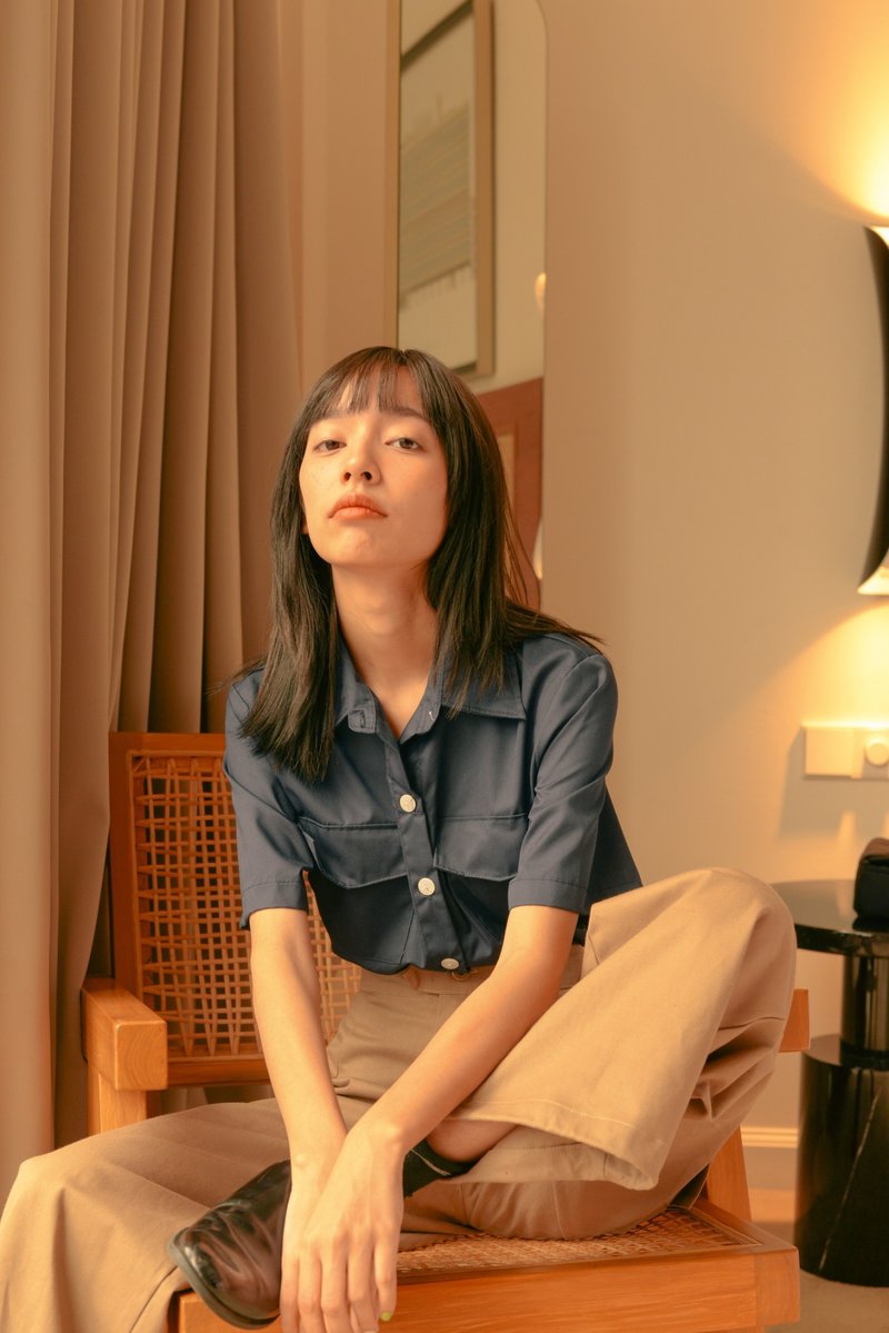 Highestjump BubbleGum Shirt (Navy) - 女装衬衫 - 棉．麻 蓝色