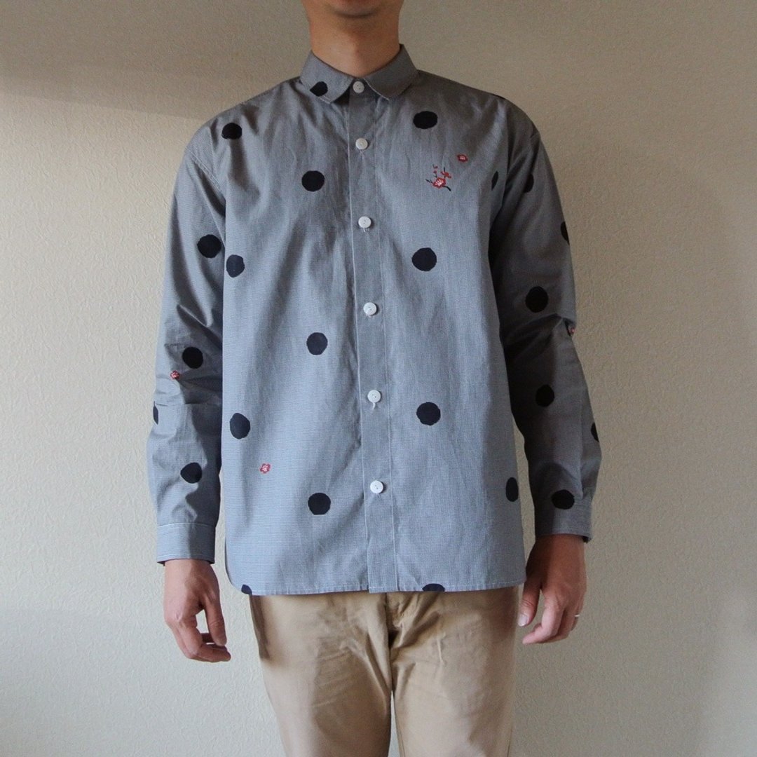 Men's Gingham Check Shirt Polka Dots and Plums - 男装衬衫 - 棉 灰色