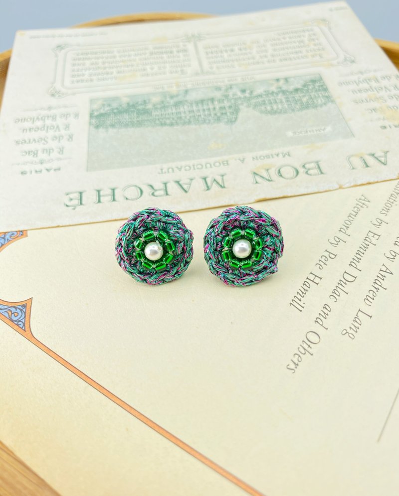 鈎织钉珠耳环 - 耳环/耳夹 - 其他人造纤维 绿色