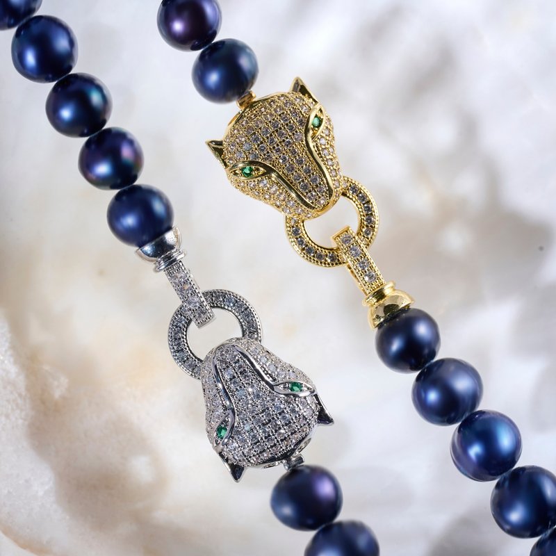 天然深蓝色淡水珍珠项链 8-9mm 金/银豹头扣 个性别致 生日礼物 - 项链 - 珍珠 蓝色