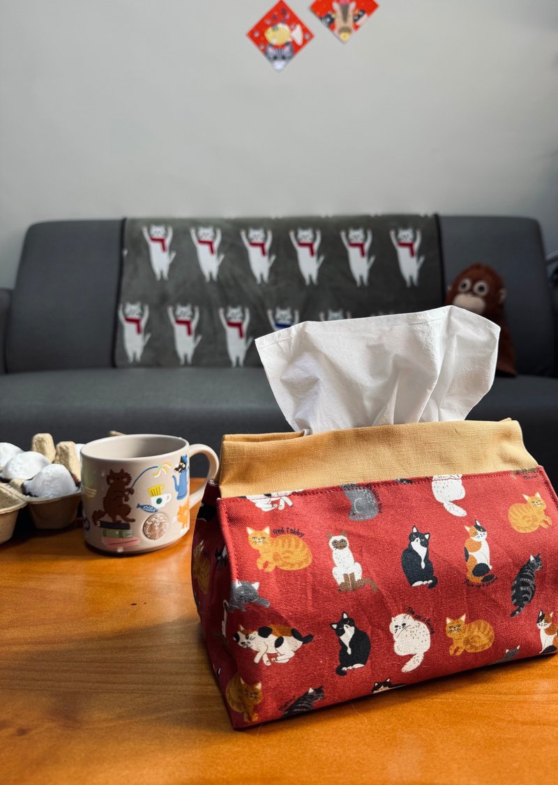 卫生纸套 X 喜气猫咪 - 纸巾盒 - 棉．麻 红色