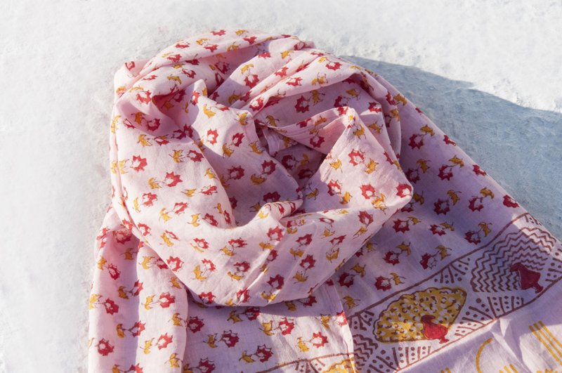 手织纯绵丝巾/手工木刻印植物染围巾/草木染棉丝巾-流苏花朵孔雀 - 丝巾 - 棉．麻 多色