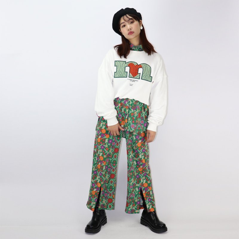 Botanical pattern hem slit 2WAY pants - 女装长裤 - 聚酯纤维 白色