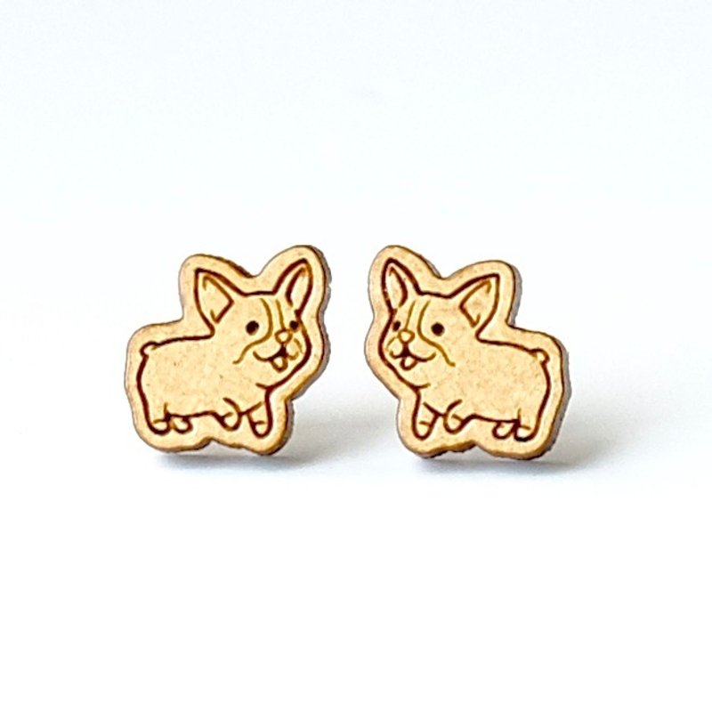 素色木耳环-柯基犬 - 耳环/耳夹 - 木头 