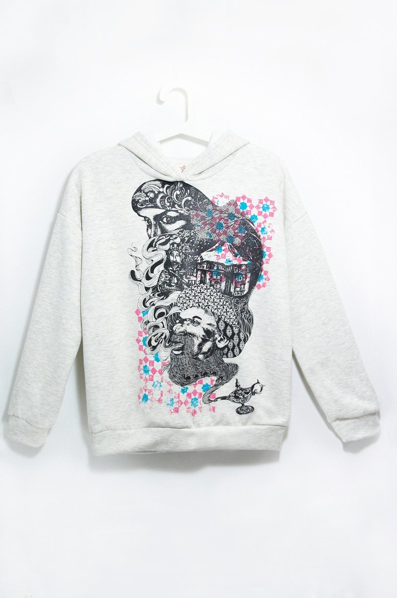 圣诞礼物 女装 保暖纯棉内绒毛连帽长袖上衣/ 连帽Tee - 跟着神灯去旅行吧! (麻花灰) - 中性连帽卫衣/T 恤 - 棉．麻 灰色