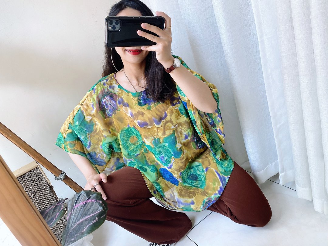 柠檬黄x迷幻绿渲染透肤青涩少女 古董古着飞鼠袖纺纱上衣 vintage - 女装上衣 - 聚酯纤维 多色