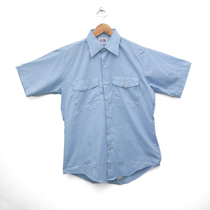 牛津 短袖 工作衬衫 水蓝 古着 二手 - 男装衬衫 - 棉．麻 蓝色
