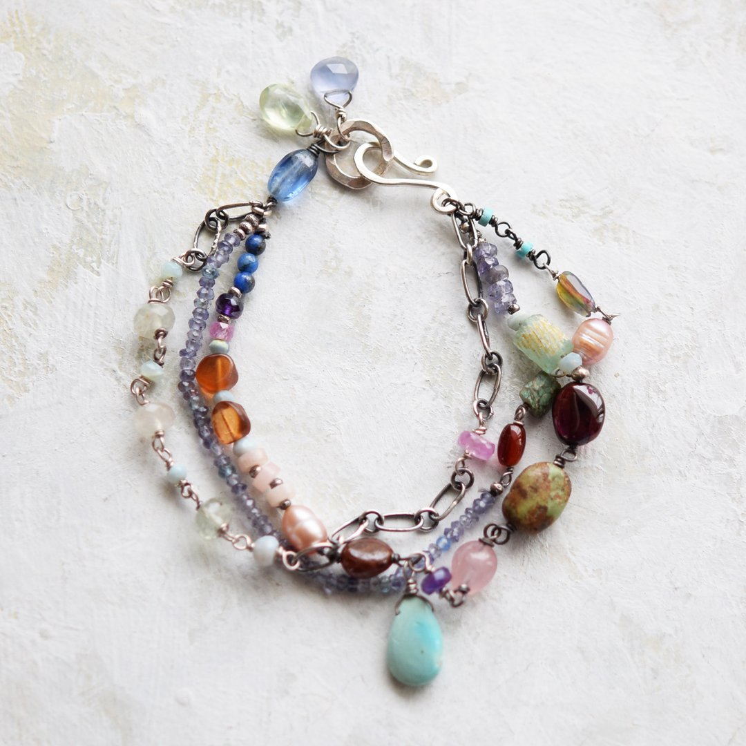 silver925 muiti gemstone and arizona turquoise multi strand bracelet - 手链/手环 - 半宝石 多色