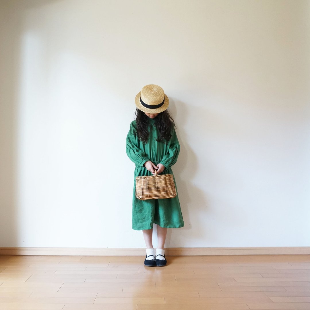 Linen waist gather one piece GREEN kids 3 (120 ~ 135cm), 4 (140 ~ 155cm) size - 童装礼服/连衣裙 - 棉 绿色