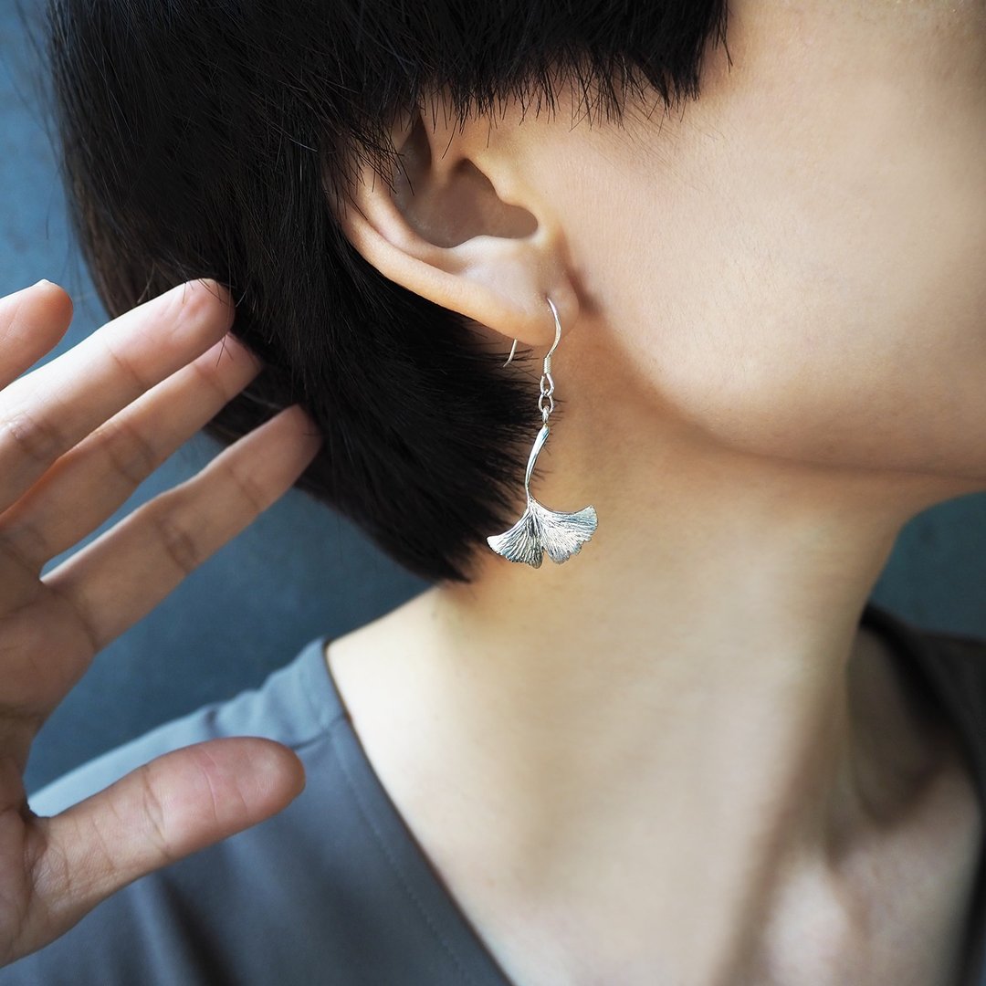 ginkgo earring_银杏耳环 植物 森林 花卉 自然 手感 定制化 叶子 - 耳环/耳夹 - 银 银色