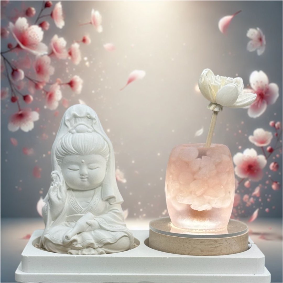 小夜灯 净念开运水晶香氛灯座系列 疗愈系公仔 宝瓶观音 水晶夜灯 - 香薰/精油/线香 - 水泥 白色