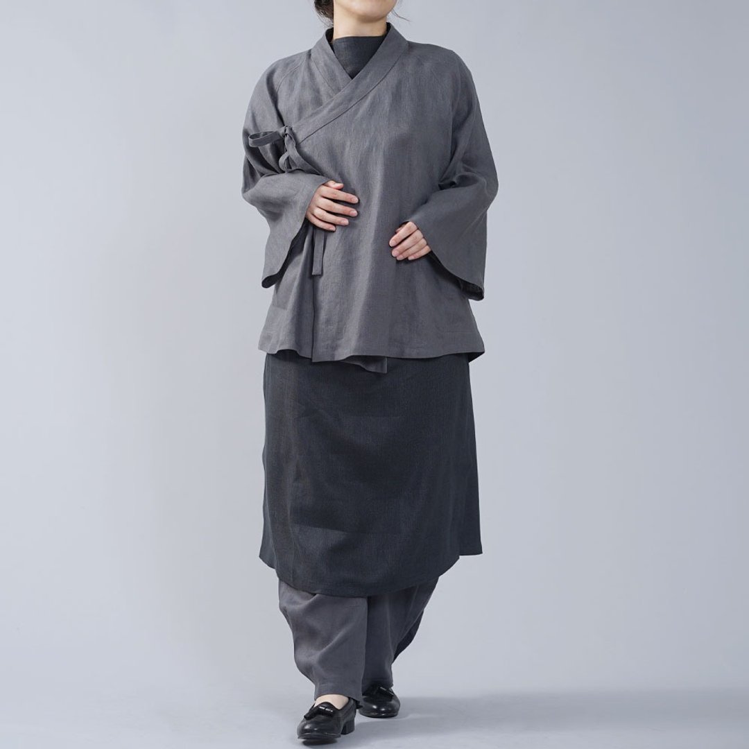 wafu - 亞麻外套 Midweight Linen Japanese Haori Jacket / Dimgray h037e-dmg2 - 女装上衣 - 亚麻 灰色