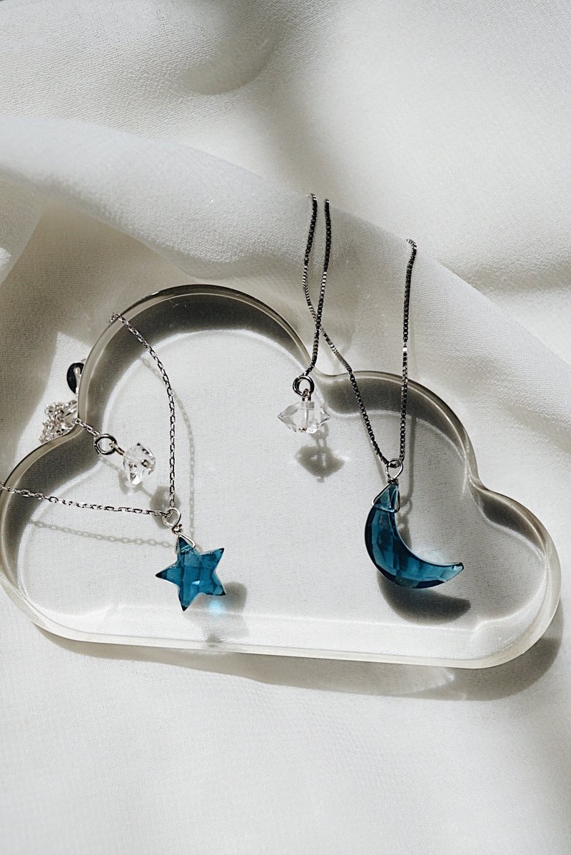 托帕石月亮星星925纯银项链手链套装 - 项链 - 纯银 白色