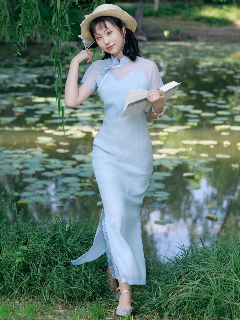 夏季新品原创复古薄纱显白优雅改良新中式旗袍/裙子 - 旗袍 - 其他材质 蓝色