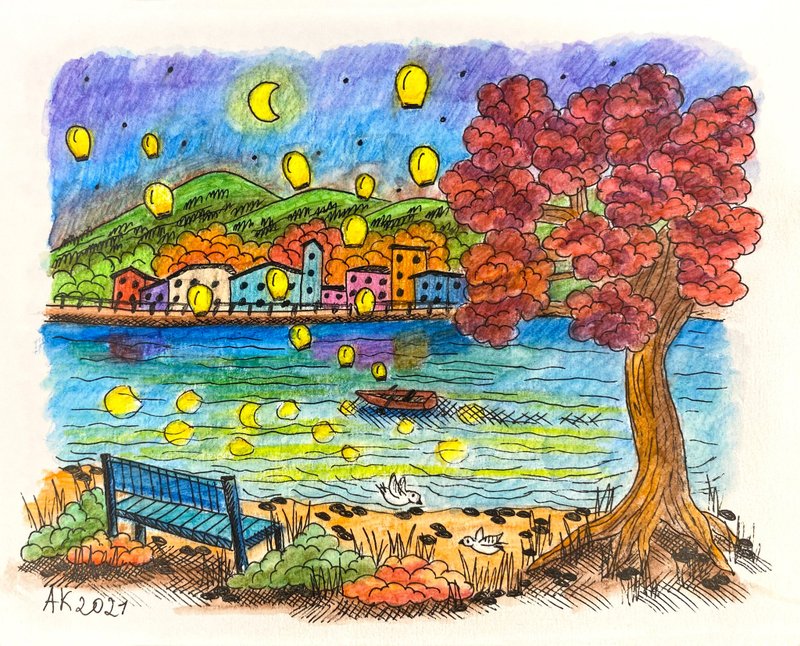 秋夜 1 水彩画、风景画、自然画 - 墙贴/壁贴 - 其他材质 蓝色