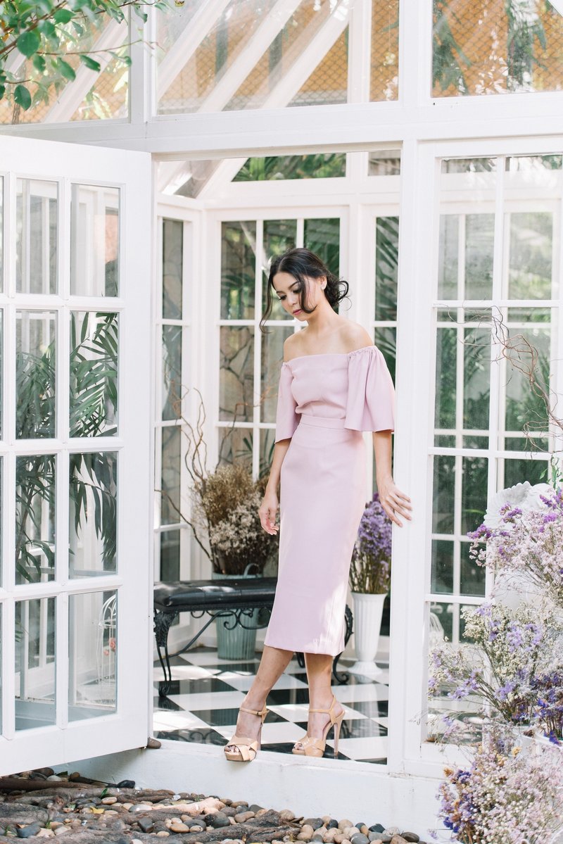 Ramona Off-Shoulder Set - 洋装/连衣裙 - 棉．麻 粉红色