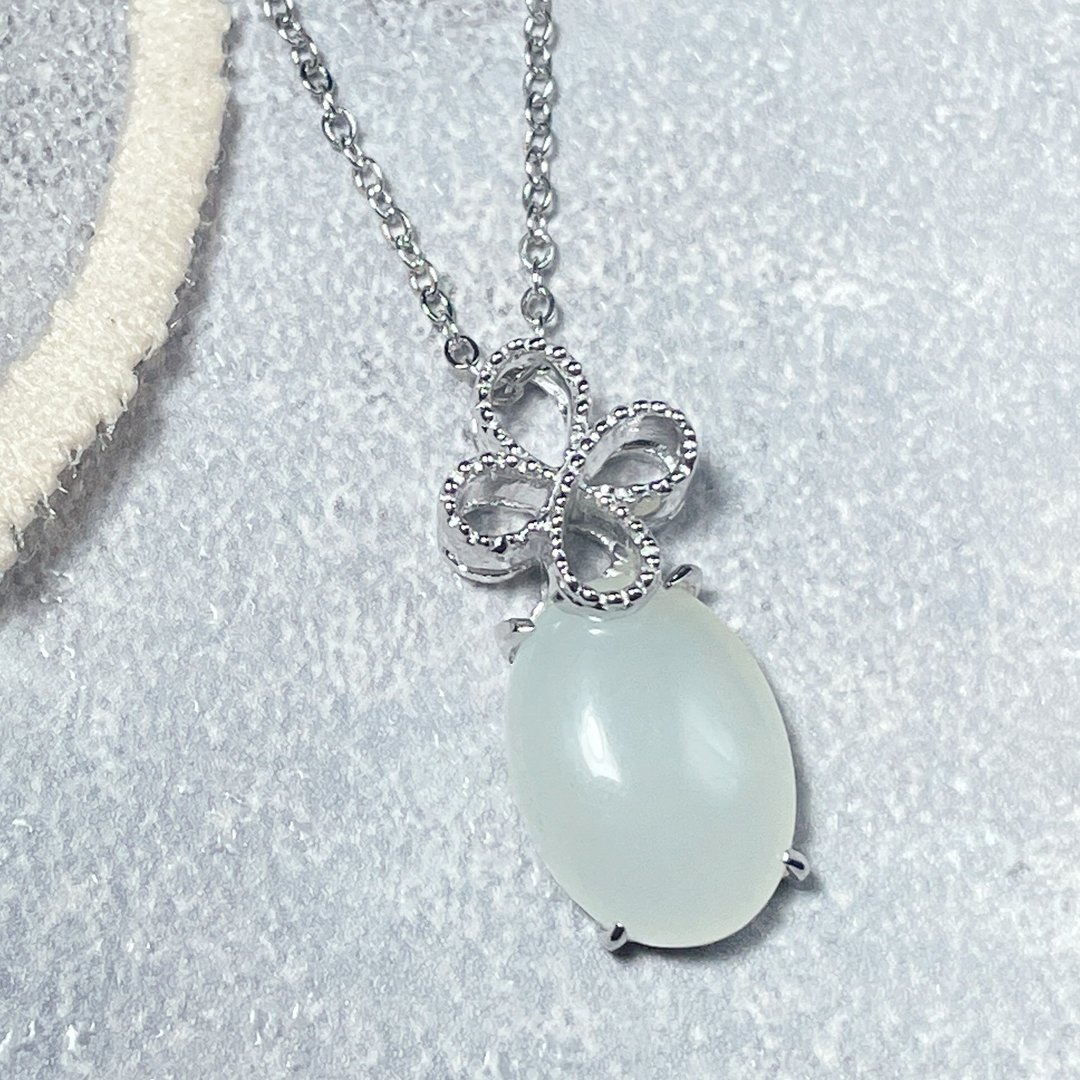 永恒 玉 坠子 天然白玉 10x14mm A货 925 纯银 项錬 礼物 - 项链 - 玉石 白色