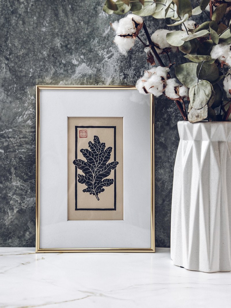 原创艺术品-橡树叶。 手工制版印刷。 限量版黑白插图。迷你尺寸 - 墙贴/壁贴 - 纸 黑色