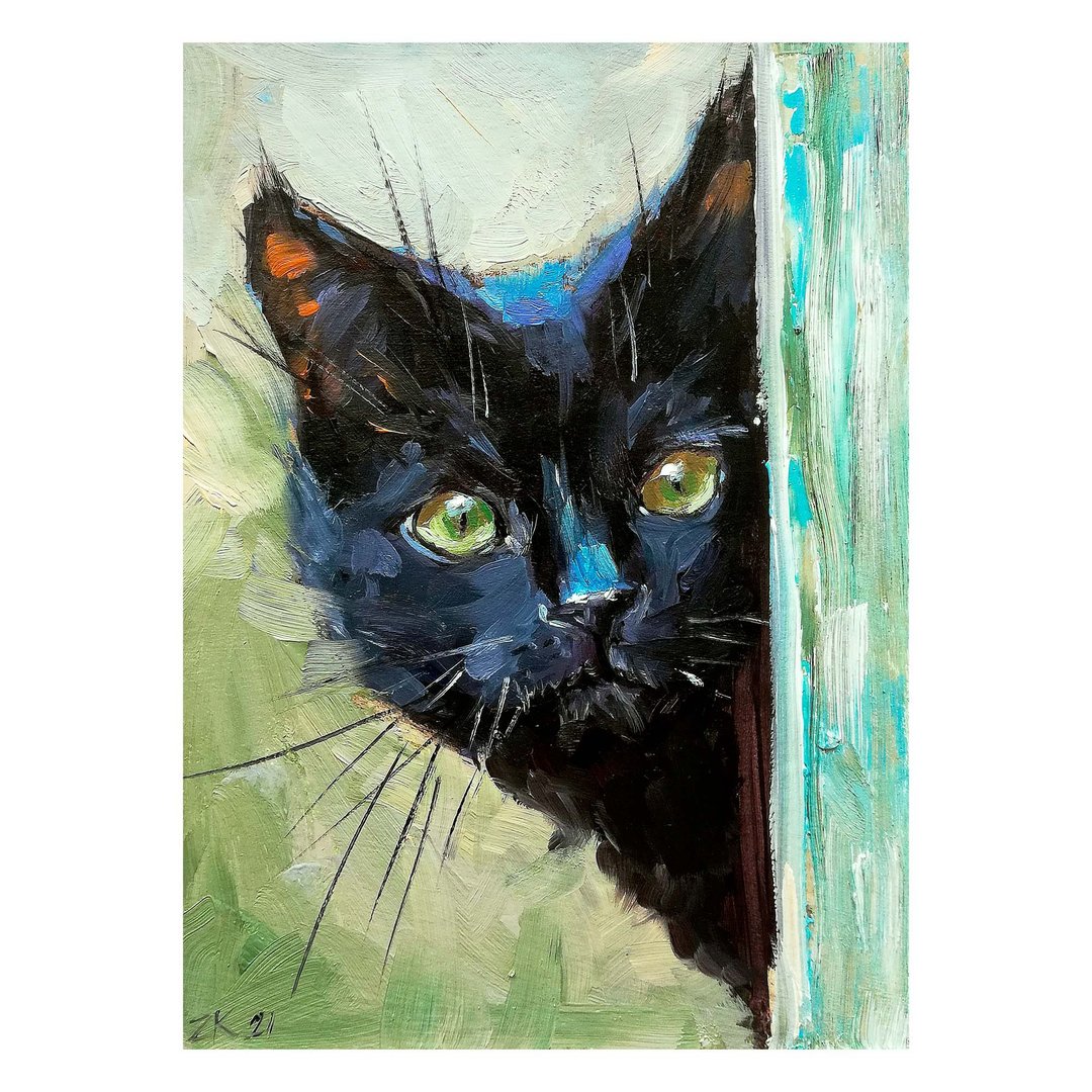Cat Painting Pet Original Oil Art Black Cat Portrait Cat Art Animal Canvas Art - 海报/装饰画/版画 - 其他材质 多色