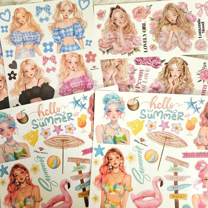套组享 5% OFF — 七月夏日心情女孩人物贴纸 3件组 - 贴纸 - 纸 