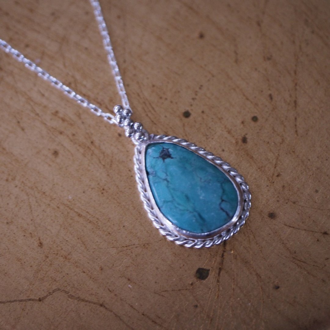 天然绿松石 手工纯银包镶 含银链 Turquoise トルコ石 含银链 - 项链 - 半宝石 绿色