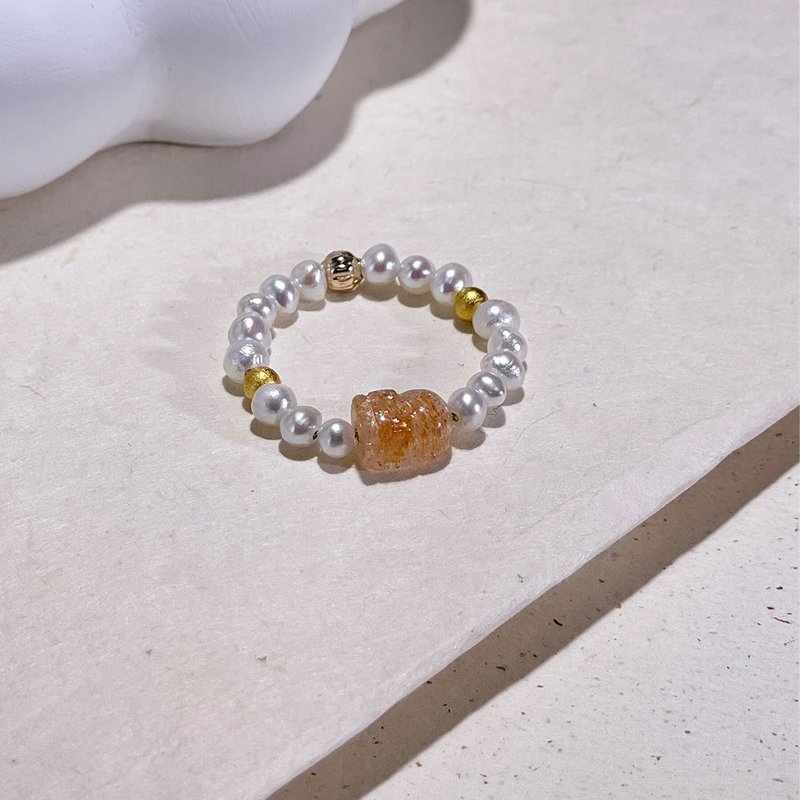 开运貔貅珍珠戒指 |貔貅|太阳石|天然淡水珍珠|水晶珍珠戒指A41 - 戒指 - 珍珠 橘色