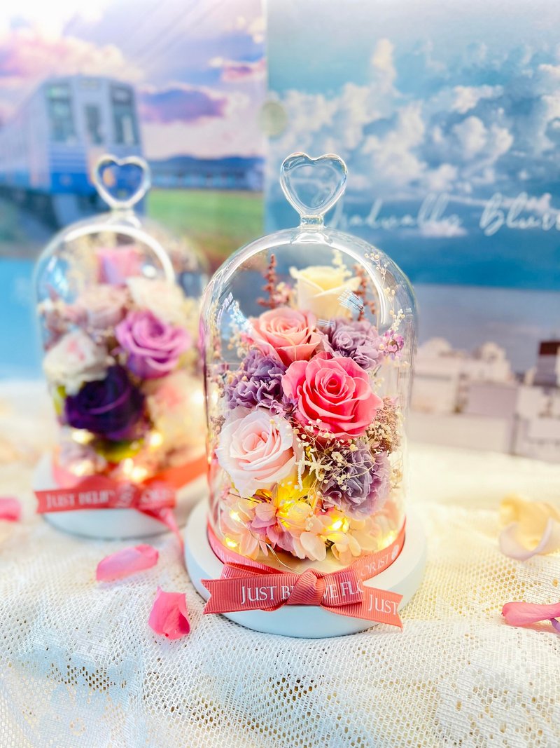 永生花康乃馨玫瑰玻璃瓶 粉红系玫瑰及薰衣草紫康乃馨 - 干燥花/捧花 - 植物．花 绿色