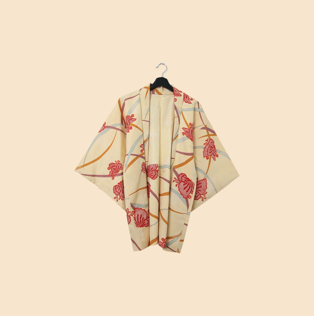 Back to Green-日本带回羽织浅黄底 缤纷彩带kb-36/vintage - 女装休闲/机能外套 - 丝．绢 