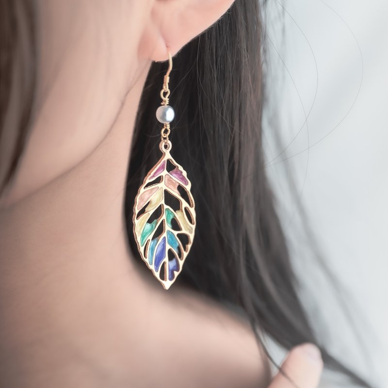 彩虹叶脉 925银针 可改耳夹 - 耳环/耳夹 - 树脂 多色