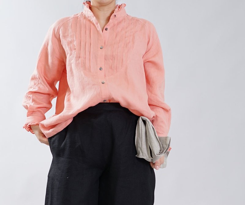 wafu  Linen blouse / tops / shirts / long sleeve / frill / pink orga t033b-vet1 - 女装衬衫 - 其他材质 